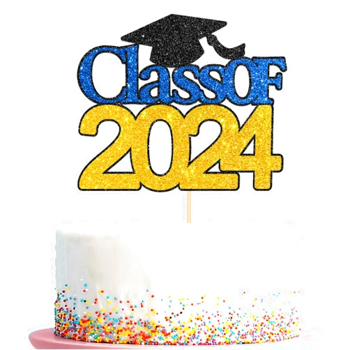 Kaakswa Class of 2024 Cake Topper,Congrats 2024 Grad 2024 Graduation Party Decoration Supplies,High School/College 2024 Graduation Party Supplies (Yellow + Blue)