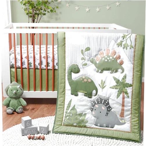 The Peanutshell 3 Piece Baby Crib Bedding Set for Boys - Newborn, Infant & Toddler Nursery Bed Set Decor with Fitted Crib Sheet, Dust Ruffle, Crib Comforter - Dinosaur Dreams