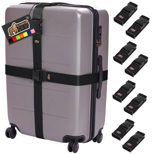 Gorilla Grip Heavy Duty 8 Pack Adjustable Luggage Straps for Suitcases, Easy to Identify Travel Belt Connector Holds Suitcase Together, Extends Life of Bag, Strap Connects Two Bags, Accessories, Black