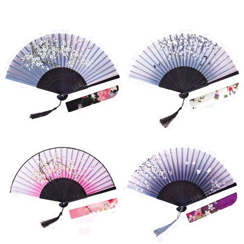 LYART 4PCS Delicate Cherry Blossom Design Silk Folding Hand Fan Wedding Favors Gifts,Fan Girls Ladies Church Wedding Gift Party Favors DIY Decoration Music Festival Party Parade (6.Black color handle)