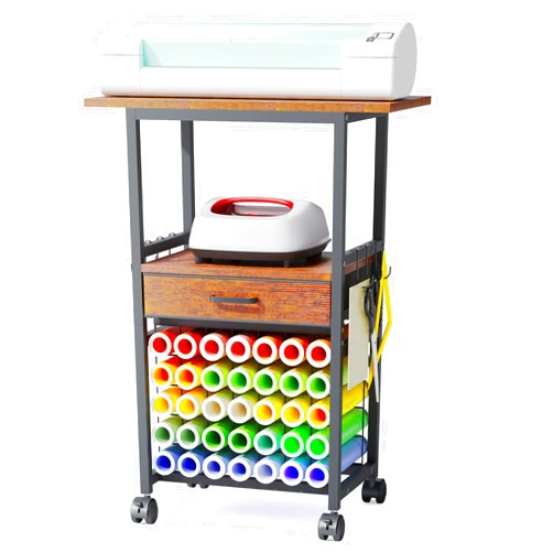 Homsorout Craft Cart Organizer Table Compatible With Cricut - All-in-One Rolling Storage Cart with Vinyl Roll Holders, Fabric Drawer & Hooks, Crafting Cabinet Workstation Tool Accessories, Dark Brown