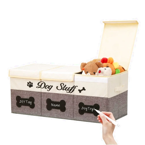 Qozary Dog Toy Storage Box - Large Dog Toy Bin, 3 Grids Dog Toy Storage Basket With Lid, Foldable Storage Bin for Dog Toys, Dog Toy Basket for Pet Supplies, Perfect To Keep Your Dog Toys Organized