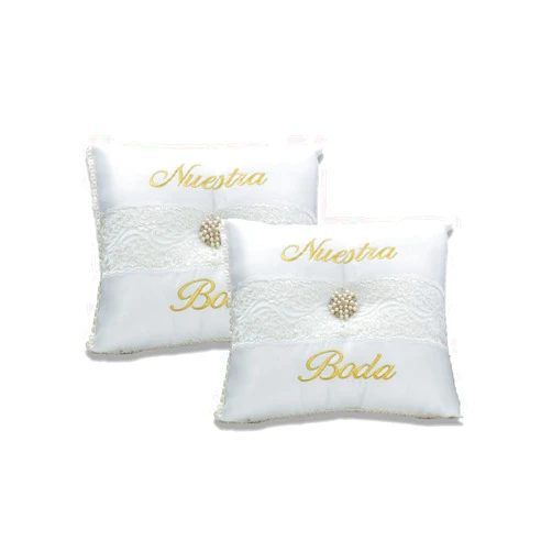 Susaniita Nuestra Boda, Wedding Cushion Pair. Set of 2 Peau De Soie Cushions (White / Gold)
