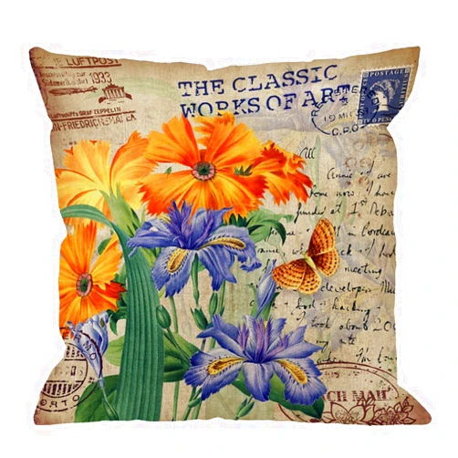 HGOD DESIGNS Throw Pillow Cover Orris Flower with Vintage Butterfly Stamp Retro Letter Violet Yellow Green Home Decorative Pillow Cases Cotton Linen Square Cushion Covers for Sofa Couch 18x18 Inch