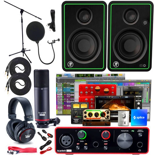 Focusrite Scarlett Solo Studio 3rd Gen USB Audio Interface and Recording Bundle with Monitors (Pair), Microphone Stand, 8mm TS Cable (2-Pack), and Pop Filter (5 Items)
