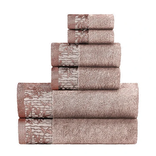 Superior 6 Piece Cotton Towel Set, Floral Jacquard Dobby Border, Quick Dry, Decorative Bathroom, Shower, Bath, Includes 2 Body, 2 Hand, 2 Face Towels/Washcloths, Wisteria Collection, Frappe Brown