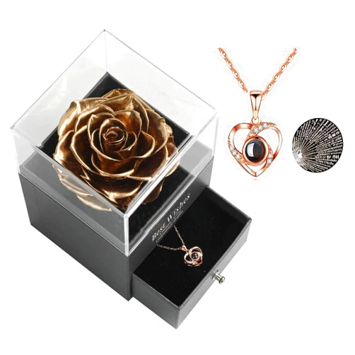 Skalago Preserved Real Rose Drawer with Heart Necklace I Love You in 100 Languages Gift Set, Handmade Enchanted Real Rose Flower for Valentine’s Day Anniversary Birthday Romantic Gifts for her (Golden)