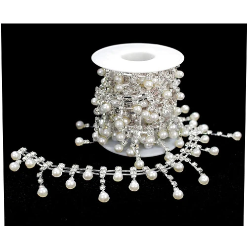 FQTANJU 1 Yard Rhinestone Pearl Tassel Fringe Trim Ribbon, Inlaid Pearl Beaded Crystal Close Chain Applique Bridal Embellishments for Sewing Crafts Wedding Party Clothing DIY Decoration