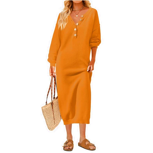 MEROKEETY Women's 2023 Long Sleeve Button V Neck Sweater Dress Casual Fall Loose Knit Maxi Dress