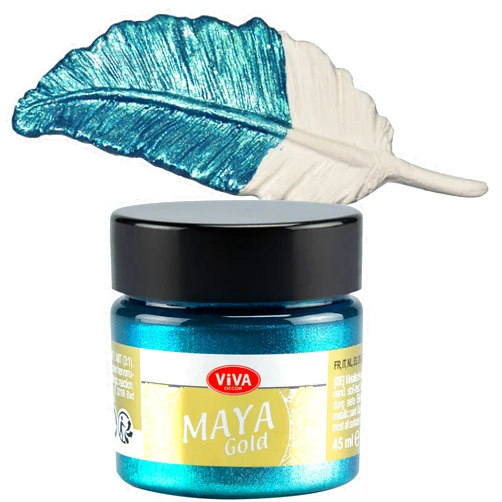 Viva Decor Maya Gold (Turquoise) 1.52 Fl Oz - Shiny metallic acrylic paint for creative works on wood, glass, and porcelain. Impact-resistant, smudge-proof, and weatherproof for long-lasting results