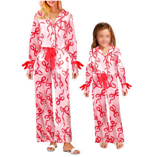 Yuemengxuan Mommy and Me Christmas Pajamas Sets Xmas Matching Set Bow Tie Long Sleeve Shirt Pants Lounge Set for Women Girls