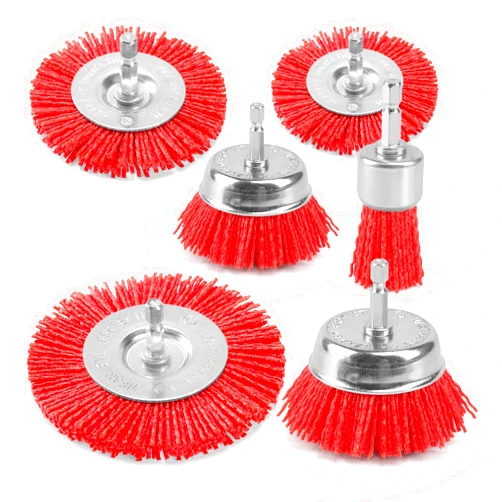 POLIWELL Nylon Abrasive Brush for Drill, 6 Pack Nylon Filament Wire Wheel & Cup Brush Set, 1/4 Inch Hex Shank, 3” and 2.6” Red Coarse Abrasive Bristle Drill Brushes for Paint, Corrosion, Rust Removal