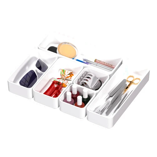 CHANCETSUI 6 PCS Stackable Drawer Organizers Set, Versatile Desk and Vanity Drawer Organizer Trays, Storage Bins for Makeup, Bathroom, Bedroom, Kitchen and Office, White