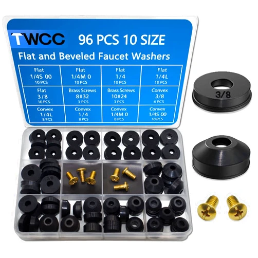 ZDBB 96 pcs Flat and Beveled Faucet Washers and Brass Bibb Screws Assortment for Use with Assorted Quick-Opening Style Faucets Stem Worn Out Washer Replacements Black