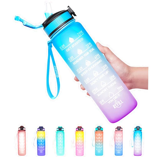 Giotto 32oz Large Leakproof BPA Free Drinking Water Bottle with Time Marker and Straw to Ensure You Drink Enough Water Throughout The Day for Fitness and Outdoor Enthusiasts