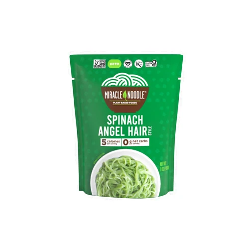 Miracle Noodle Spinach Angel Hair Pasta - Ready-To-Eat Plant Based Shirataki Noodles, Keto, Vegan, Gluten-Free, Paleo, Konjac Noodles, Low Calorie & Carb Pasta, Soy Free, Non-GMO - 7 Oz, 1-Pack
