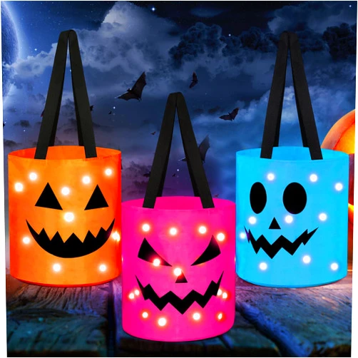 Sadnyy 3 Pcs LED Light Halloween Trick or Treat Bags Pumpkin Bucket Halloween Bags with Pumpkin Smile Face Light up Candy Bags Multipurpose Reusable Goody Bucket for Kids (Pink, Blue, Orange)