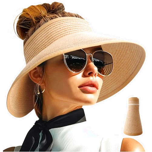 PFFY Sun Hats for Women Straw Beach Hat Packable Foldable Wide Brim Ponytail Travel Visor