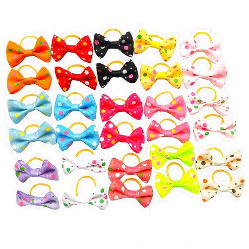 Chenkou Craft 30pcs (15pairs) New Dog Pet Hair Bow with Rubber Dot Grosgrain Ribbon Pet Grooming Products Mix Colors Varies Patterns Pet Hair Bows (Dot Ribbon Rubber Bow)
