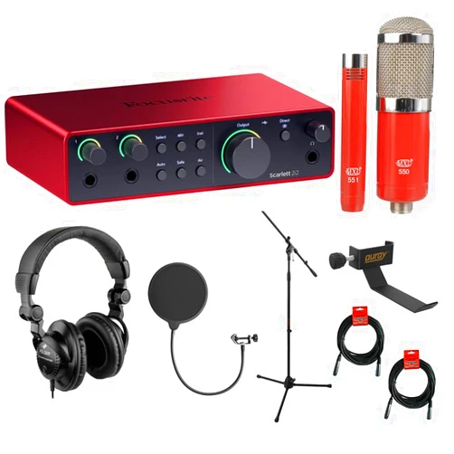 Kellards Focusrite Scarlett 2i2 USB-C Audio Interface (4th Gen) with MXL 550/551 Mic Ensemble (Red), Headphones, Pop Filter, Headphone Holder, Mic Stand & 2x XLR Cable Bundle