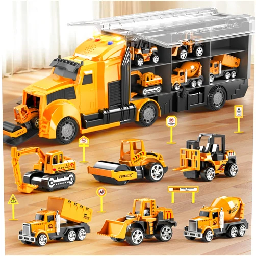 NIPLOOOW Construction Trucks Toy Set with Play Mat, Carrier Truck Play Vehicles Set for 3 4 5 6 Years Old Boys Kids, Die-Cast Car Toy for Toddlers 3-4 Years, Birthday Gifts Toys for 3-9 Year Old Boys