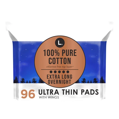 L. Pure Cotton Overnight Ultra Thin Pads with Wings, Unscented Menstrual Pads - 48 Count x 2 Packs (96 Count Total) (Packaging May Vary)