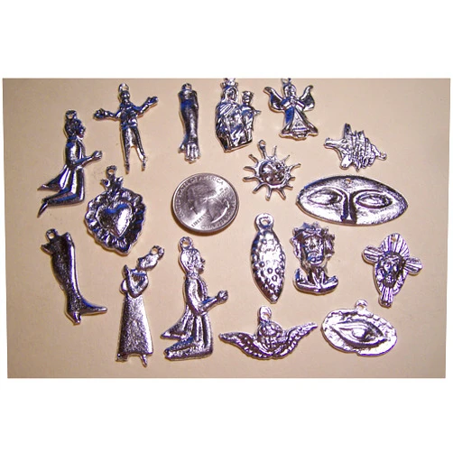 SuenosImports Milagro Lot - 50 Assorted Mexican Milagros, Larger Size, Silver Color