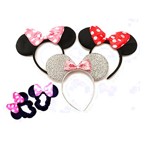 Generic 3 Minnie Mouse-Girl headbands with Bow with 2 Mouse Ear Scrunchies. 5 pack.