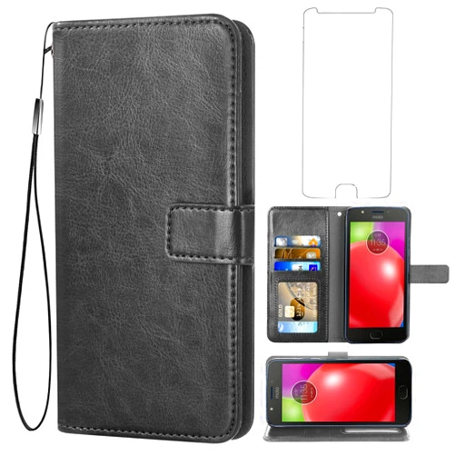 Asuwish Compatible with Moto E4 Plus Motorola E4+ Wallet Case (Not Fit Moto E4) Tempered Glass Screen Protector Leather Flip Cover Card Holder Stand Cell Accessories Phone Cases for e4+ e4plus Black