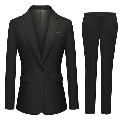 Aludest Womens 2 Piece Pants Suit Solid Notch Lapel One Button Slim Fit Blazer Jacket Elastic Waist Pants Tuxedo Set