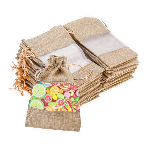 XMSound 50 Pack 5x7 Inch Linen Burlap Sheer Bag Organza Bag Burlap Bags Gift Bags with Drawstring, for Wedding Party Favors Cosmetic Samples Mesh Pouch DIY Craft