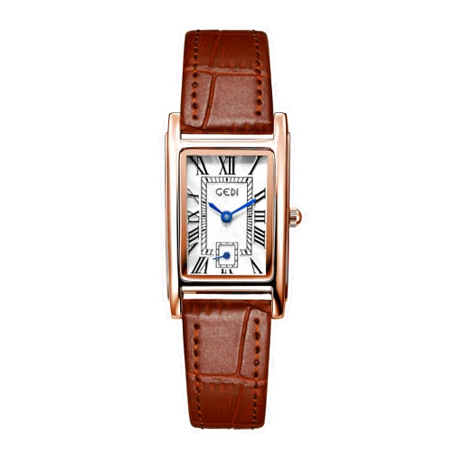 FANMIS Womens Watches Rose Gold Case Roman Numeral Luxury Wristwatch Square Brown Leather Strap Watch