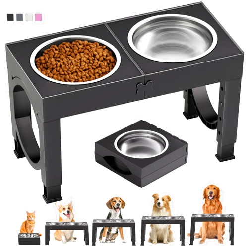 XiaZ Elevated Dog Bowls Large Breed XiaZ Raised Dogs Bowl Stand Large/Medium Sized Dog 1L Food Water Bowl Stands 5 Heights Adjustable 9/11/12/14in Black Pet Feeder Dish Station