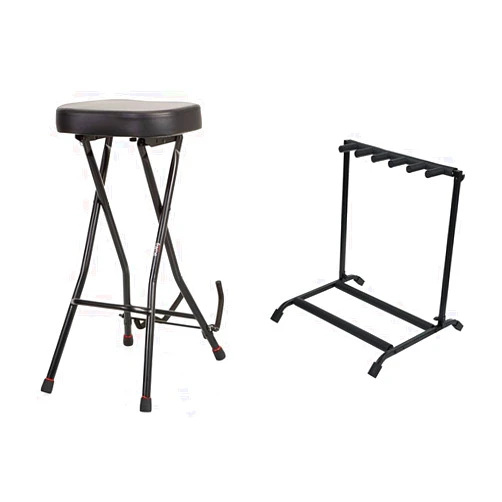 Gator Frameworks Foldable Guitar Stool with Padded Seat and Rear Mounted Guitar & Rok-It Multi Guitar Stand Rack with Folding Design; Holds up to 5 Electric or Acoustic Guitars (RI-GTR-RACK5)