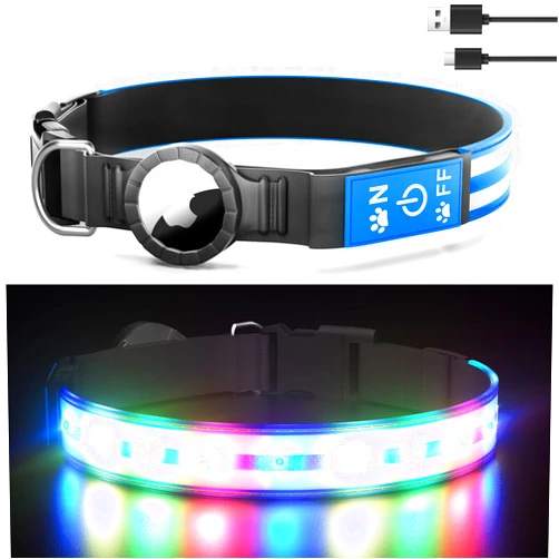 TOPOTO Dog Collars with AirTag Holder Airtag Dog Collar Rechargeable LED Light Dog Collar for Night Walk Adjustable Cool Pet Collar for Medium Dogs Outdoor Waterproof