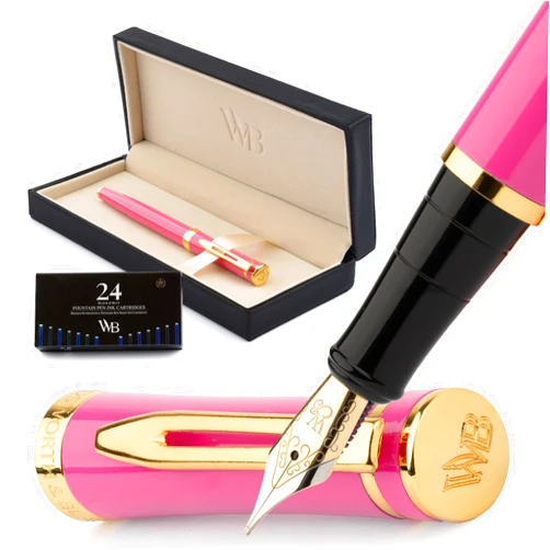 Wordsworth & Black Fountain Pen Set, Medium Nib, Includes 24 Ink Cartridges and Ink Refill Converter, Gift Case, Journaling, Calligraphy, Smooth Writing Pens [Hot Pink], Perfect for Men and Women