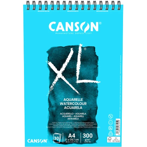 CANSON XL Watercolour 300gsm A4 Paper, Cold Pressed, Spiral Pad Short Side, 30 White Sheets, Ideal for Professional Artists