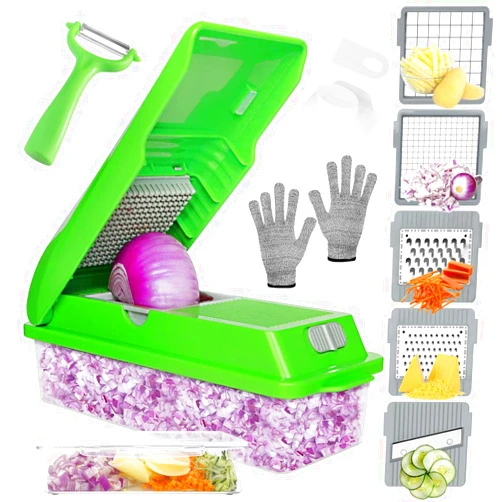 LHS Vegetable Chopper, Multifunctional 10-in-1 Food Chopper, Pro Onion Chopper, Vegetable Slicer Dicer Cutter with 5 Blades, Veggie Chopper with Container, Gloves Included