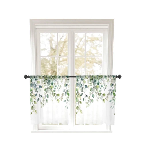 Ayezobiq Sheer Curtains 54 Inch Long 2 Panels, Summer Hand-Painted Modernism Leaf Watercolor Light Filtering Rod Pocket Semi Sheer Curtains, Chiffon Voile Drapes for Living Room Bedroom, 52