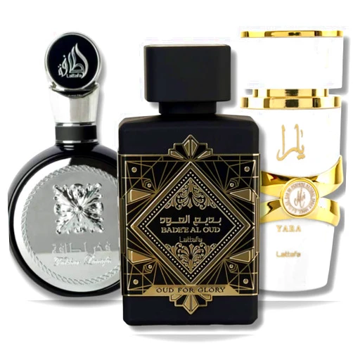 Lattafa Perfumes for Unisex 3 Piece Eau de Parfum Gift Set (Bade'e Al Oud Oud For Glory + Fakhar for Men + Yara Moi) 3.4 Ounce/100 ml each