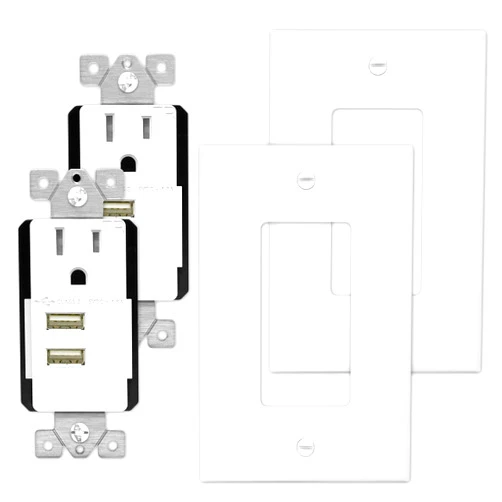 TOPGREENER Top Greener TU11548A-W-2PCS 4.8A-24W Dual Port USB Charger Outlet Ultra-High-Speed/15A TR Receptacle, Free Wall Plates, for iPhone X/XS/XR, Samsung Note9/S9, White (Pack of 2)