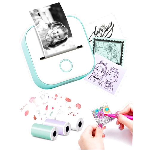 Boesesy Label Makers, Mini Pocket Printer, Inkless Sticker Printer for School, Fast Printing Portable Mini Thermal Printer with Print Paper，Compatible with Phone & Tablet (1 Printer + 3 Rolls Paper,Green)