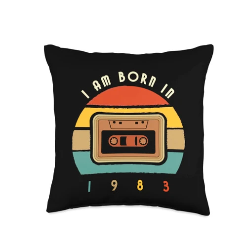 Funny Birthday Designs Brand I am Born in 1983 Funny Quote with Cassette Graphic Throw Pillow, 16x16, Multicolor