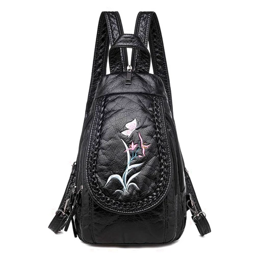 NIGEDU Vintage Embroidered Women Backpacks Soft PU Leather Backpack Purse Small Female Travel Bag Black Chest Packs (Orchid)