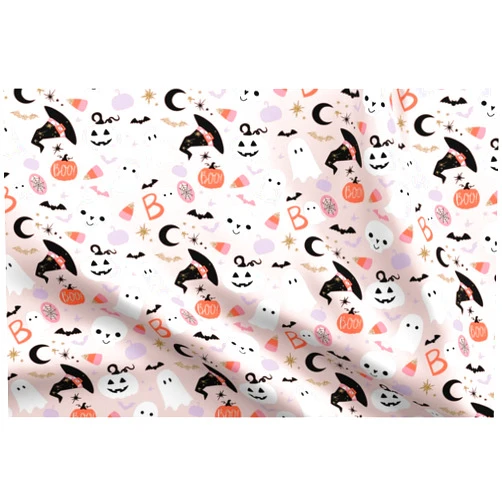Spoonflower Fabric - Spooky Cute Halloween Blush Pink Stars Skull Fall Ghost Pumpkin Printed on Petal Signature Cotton Fabric Fat Quarter - Sewing Quilting Apparel Crafts Decor