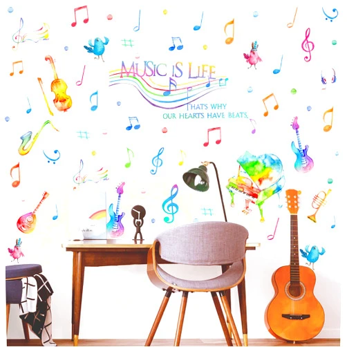 Yovkky Watercolor Music is Life Wall Decal Sticker, Peel Stick Musical Instrument Note Polka Dot Nursery Classroom Decor, Home Studio Piano Guitar Violin Saxophone Decoration Kid Bedroom Playroom Art