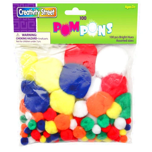 Creativity Street Pom Pons, Bright Hues, Assorted Sizes, 100 Pieces