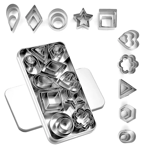 YomiFamily 30Pcs Mini Cookie Cutter Set with Box, Small Stainless Steel Veggie Cutters, Polymer Clay Cutters for Kids, Geometric Set for Biscuit Cutter, Tiny Fruit Cutter