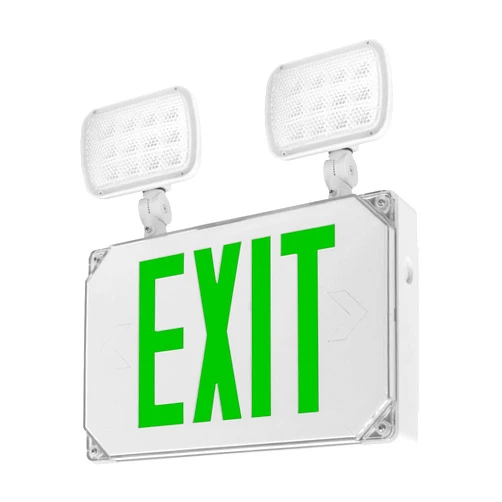 Light Fixture Industries LFI Lights | Wet Location Rated Combo Green Exit Sign with Emergency Lights | White Housing | All LED | Two Adjustable Heads | Hardwired with Battery Backup | UL Listed | WLFCOMBO-G
