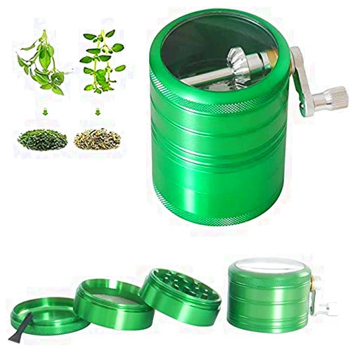 pentaQ Hand Cranked Herb Grinder with Pollen Catcher, 4 Pieces 2.5 Inches Large Capacity Spice Grinder Premium Aluminum Grinder for Herb and Spice, Green